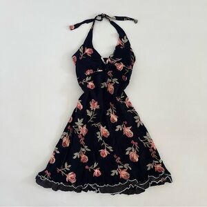 Jenny Helene Vintage Floral Polka Dot Ruffled Haltered Black Midi Dress
